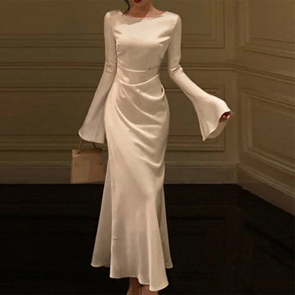 2025 European and American women's summer new cross-border elegant commuting solid color high waist long sleeve fashion dress women's 661