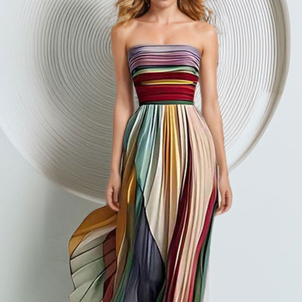2025 Amazon Cross Border Summer European and American Women's Fashion Print Sleeveless Bandeau High Waist Long Swing Dress