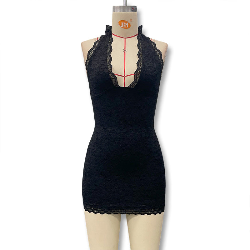 Cross-border 2025 new European and American hot girl style V-neck sexy lace backless lace-up slim hip wrap dress