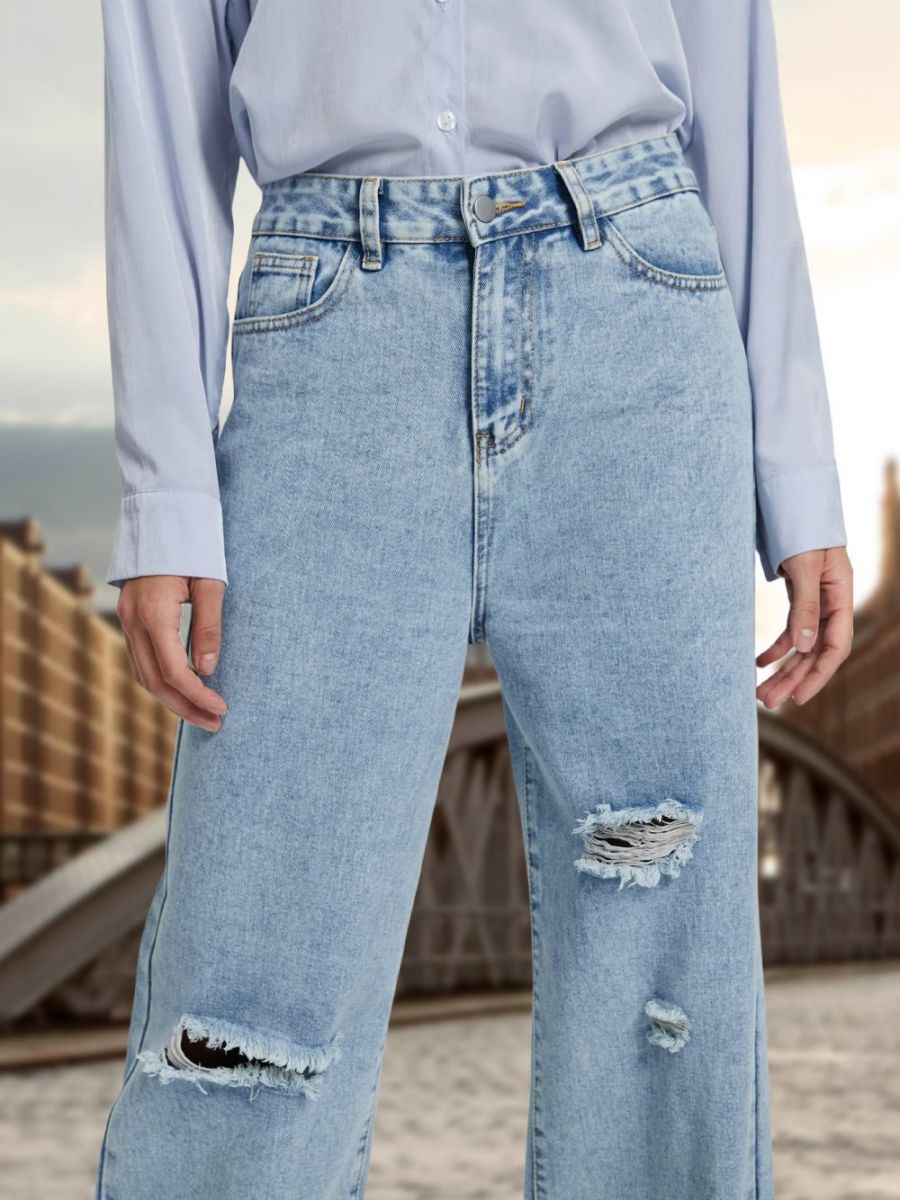 Spot cross-border European and American denim women's loose wide-leg trousers, high-waisted ripped jeans women's JEANS