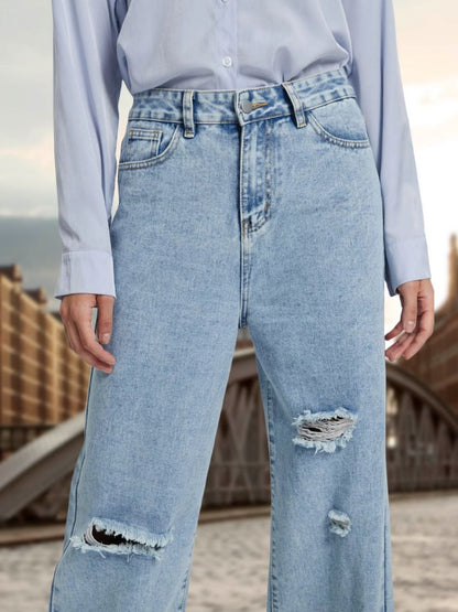 Spot cross-border European and American denim women's loose wide-leg trousers, high-waisted ripped jeans women's JEANS