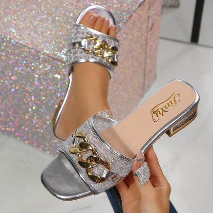 European and American cross-border foreign trade wholesale high-heeled sandals for women, elegant chain decorative buckle square-toe sandals