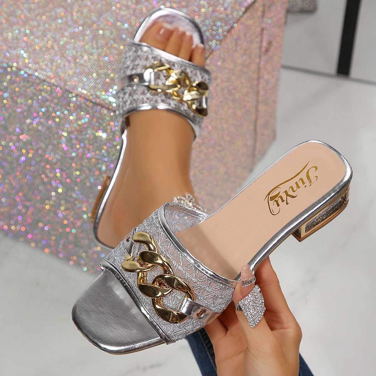 European and American cross-border foreign trade wholesale high-heeled sandals for women, elegant chain decorative buckle square-toe sandals