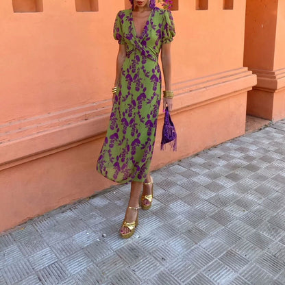 Spring 2026 Amazon European and American fashion contrast print maxi dress elegant slim V-neck short sleeve dress