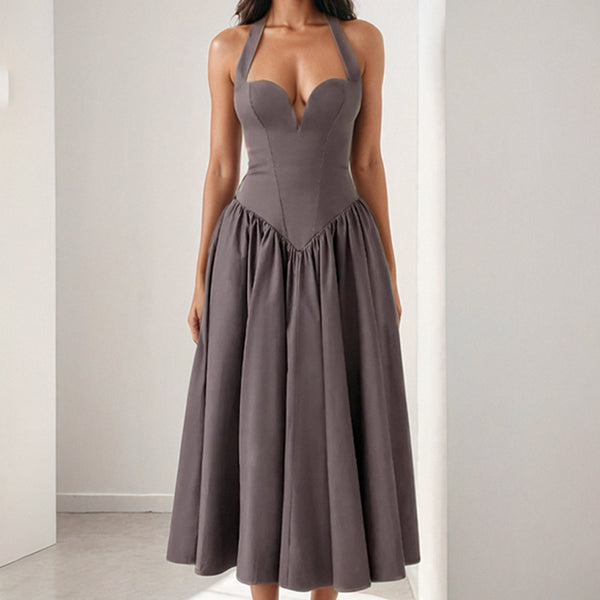 2026 spring new cross-border European and beautiful clothing temperament sexy pure desire style halterneck open back strap big swing dress