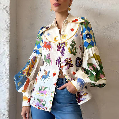 2026 European and American clothing Amazon new temperament commuter print lapel single-breasted lantern sleeve women's shirt women