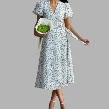 Spring 2026 new V-neck dress floral print puff sleeves waist slim temperament slim dress