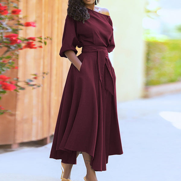 2026 spring new foreign trade wish amazon European and beautiful clothing strap waist temperament slanted shoulder dress