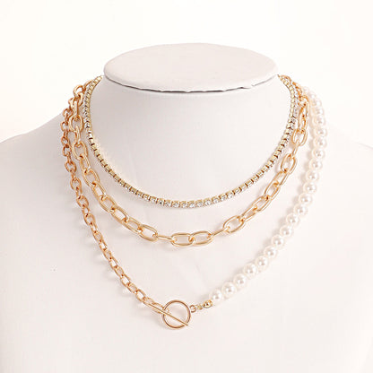 European and American cross-border jewelry ins style texture imitation pearl clavicle necklace women's simple rhinestone claw chain necklace wholesale