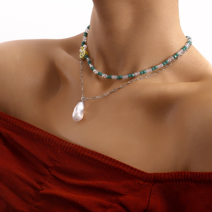European and American cross-border jewelry, fashion double-layer crystal paper clip, smiley face, special-shaped pearl pendant necklace, female fairy style