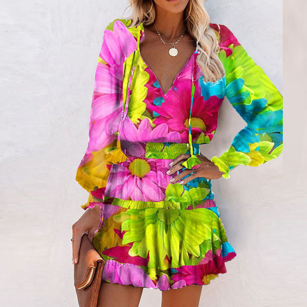 2025 Autumn Cross-border Women's Clothing European and American Autumn New Contrast Color Print Waist Cinched Long Sleeve Dress Women's 661