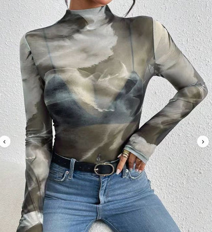 Cross-border 2025 spring and autumn new niche design slim long-sleeved top spliced with gradient color sexy long-sleeved top thin