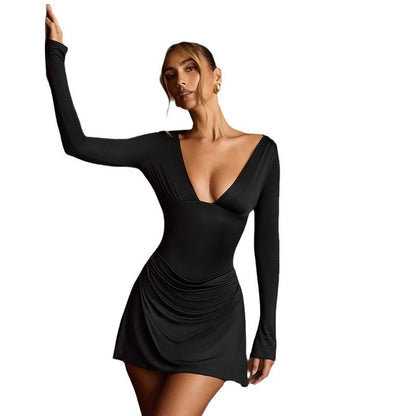 Cross-border Amazon European and American Clothing 2025 Spring New Solid Color V-Neck Long Sleeve Slim Sexy Backless Dress