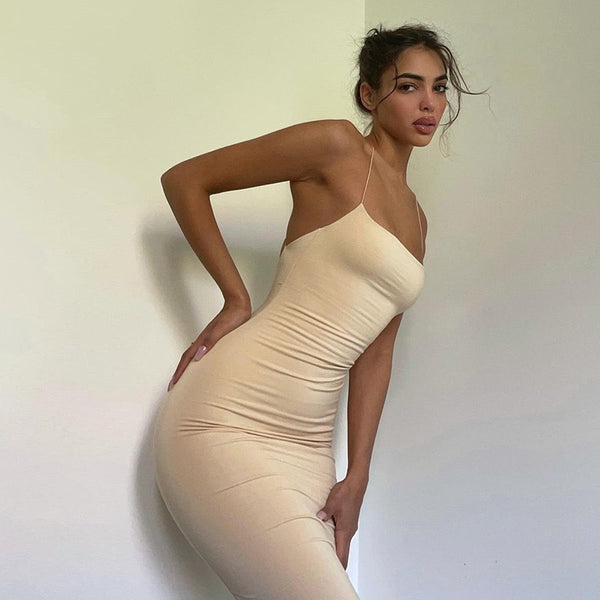 European and American cross-border 2025 new women's fashion solid color sexy open back sleeveless slim hip suspender dress for women
