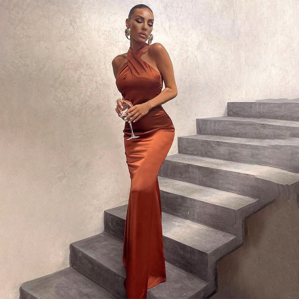 Foreign trade European and American style new women's solid color sleeveless halterneck slim sexy dress slim backless fishtail long skirt