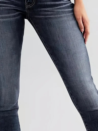 Women's jeans vintage stretch slimming small legged pants are fashionable and versatile, with double button design and dark blue denim trousers