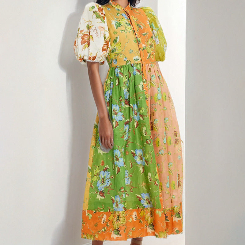 AliExpress independent station 2025 summer new cross-border European and American elegant commuter print contrast splicing dress women