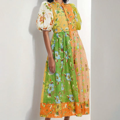 AliExpress independent station 2025 summer new cross-border European and American elegant commuter print contrast splicing dress women