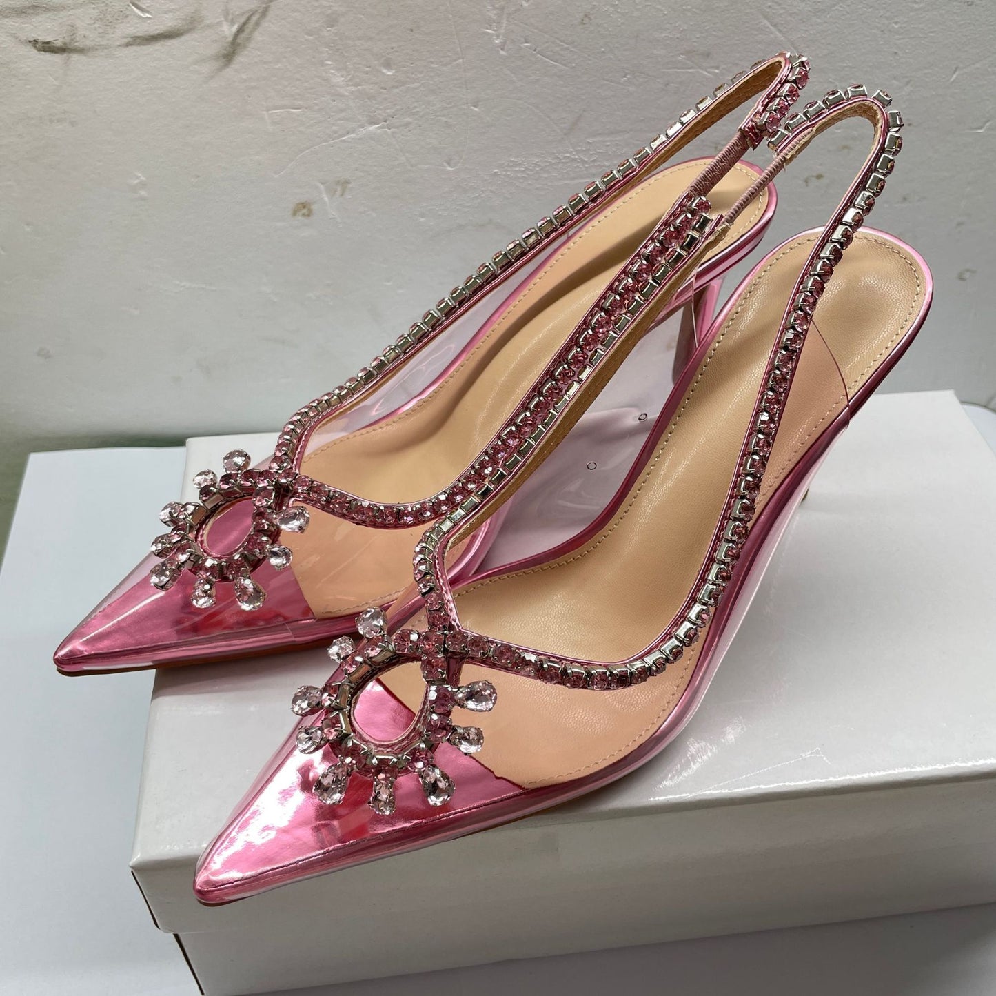 Transparent strap high heel sandals, niche back hollow toe high heels, women's stiletto heels, pointed toe, European and American super high heels