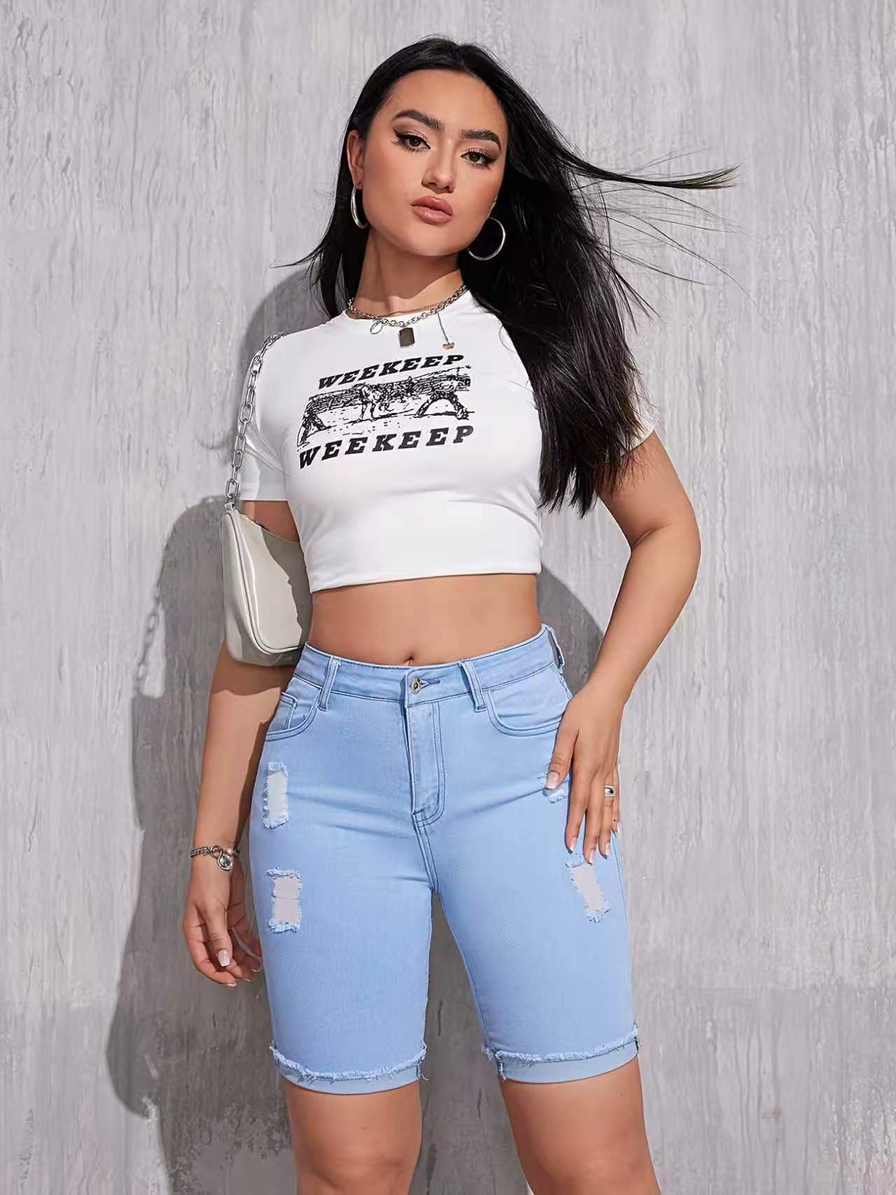 2026 AliExpress Women's Versatile Commuter Frayed Ripped Blue Denim Five-Point Shorts with Elegant Design Shorts
