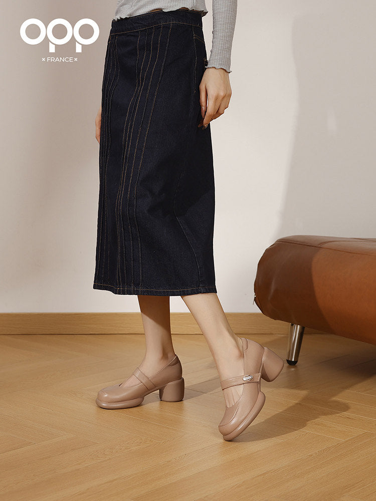 OPP Half Curved Single Shoe Women 2025 Autumn New Retro Hepburn-style Leather Shoes Sask-mouth French Mary Jane Shoes Women