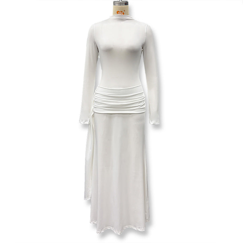 Foreign trade autumn and winter new European and beautiful women's clothing celebrity style solid color high collar long sleeve streamer pleated buttocks temperament dress skirt