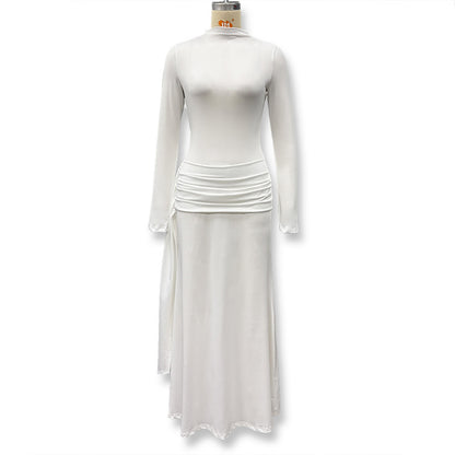 Foreign trade autumn and winter new European and beautiful women's clothing celebrity style solid color high collar long sleeve streamer pleated buttocks temperament dress skirt