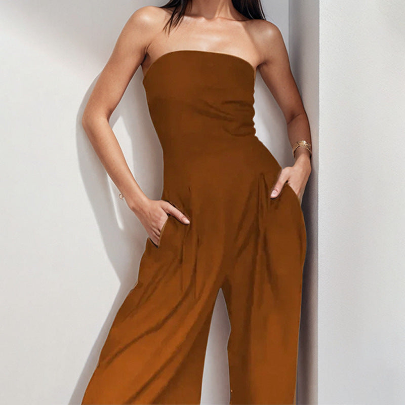 2026 spring new cross-border European and beautiful clothing temperament elegant solid color high-waisted bandeau wide-leg jumpsuit