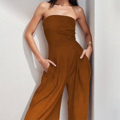 2026 spring new cross-border European and beautiful clothing temperament elegant solid color high-waisted bandeau wide-leg jumpsuit