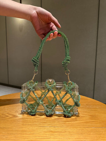 Saco de caixa de acrílico transparente brilhante e inflexível transfronteiriço Jantar tecido à mão saco das axilas de moda de alta qualidade