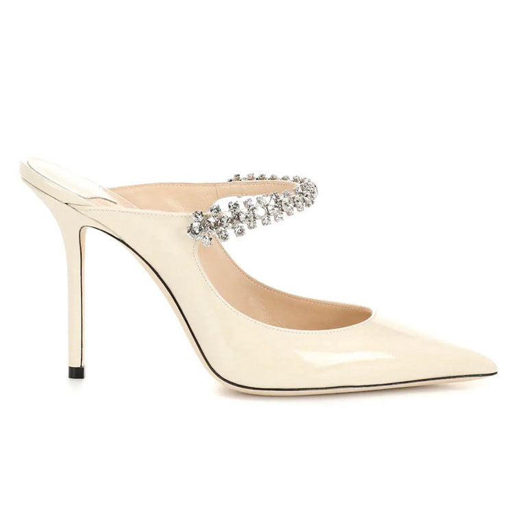 New cross-border European and American one-line strap ultra-high heel sandals, black pointed toe rhinestone heels, pump heels
