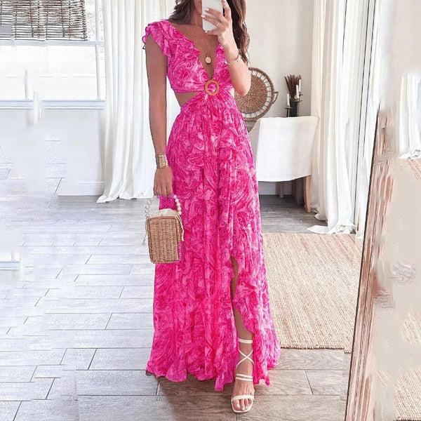 2025 Amazon New European and American Cross-border Women's Fashion Sexy Long Skirt V-Neck Printed Slit European and American Dress