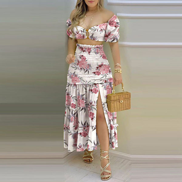 2026 Spring New Cross-border European and American Clothing Sexy Printed Bandeau Vest High Waist Slit Skirt Set 661