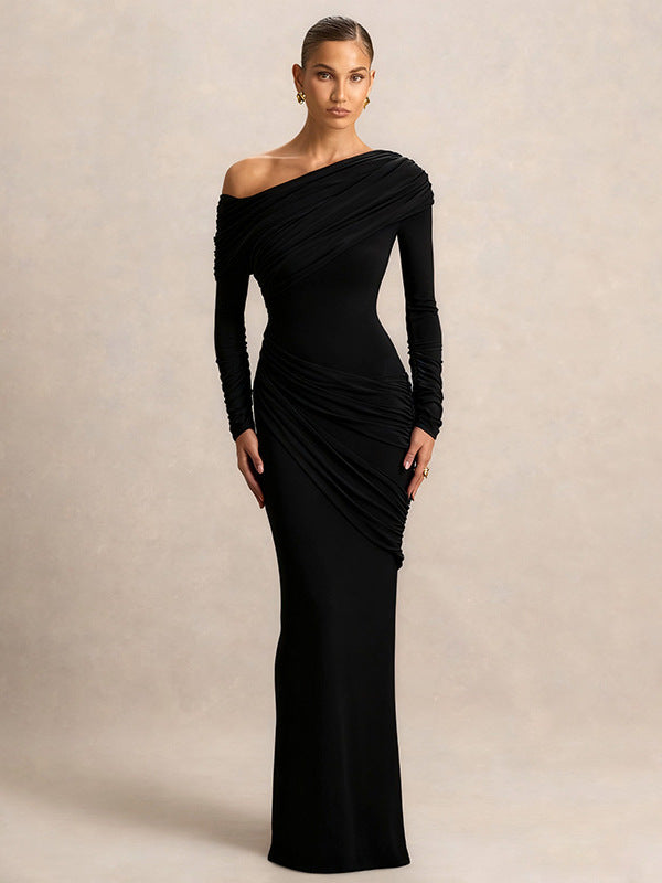 Foreign trade European and beautiful women's autumn and winter new fashion solid color diagonal collar long sleeve irregular pleated temperament hip wrap dress