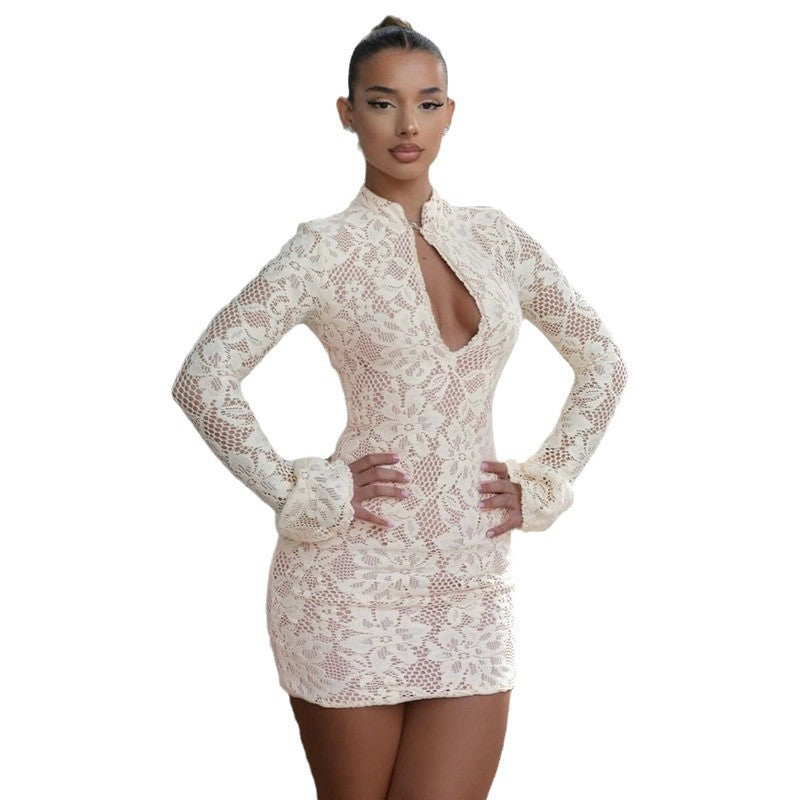 Cross-border European and American women's clothing autumn new hot girl style sexy lace cut-out bell sleeve slim hip dress women