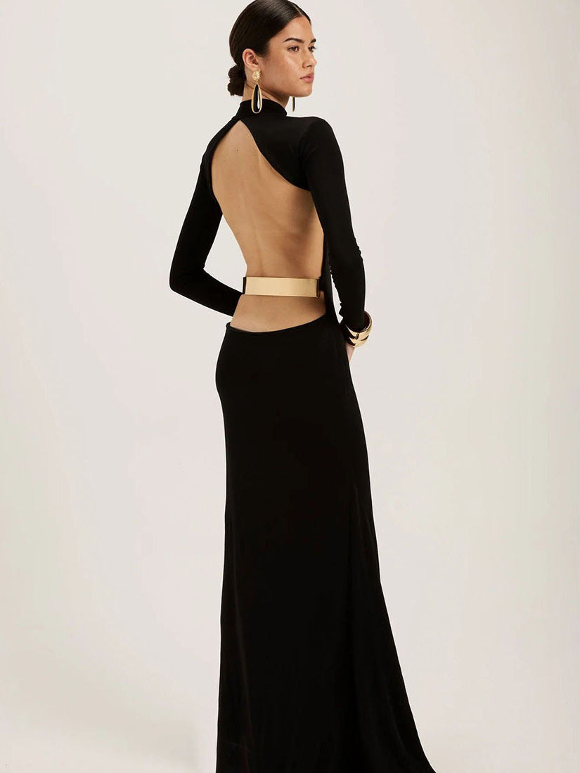 Foreign trade autumn and winter new European and beautiful women's clothing solid color high neck long sleeve sexy open back metal belt hip wrap dress for women