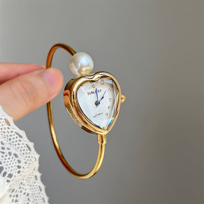 Sunlifex Peach Heart Bracelet Watch for Women, Exquisite Niche Pearl Diamond Design, Douyin Best-Selling Women's Watch