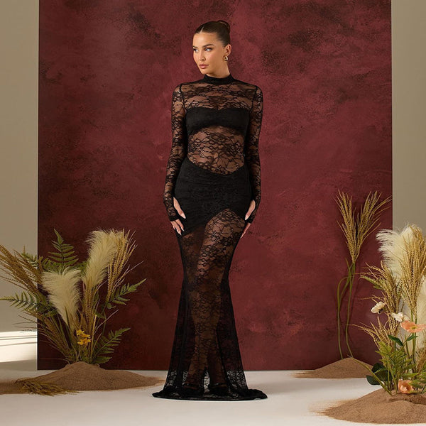 Cross-border new sexy hot girl style jacquard lace see-through dress European and American semi-high neck slim long-sleeved hip skirt | Ciaura