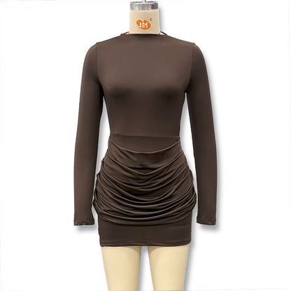 Cross-border autumn new women's solid color round pleated slim hip skirt long sleeves waist slimming temperament dress