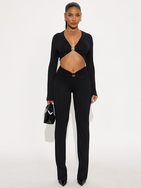 Foreign trade autumn and winter new European and beautiful women's clothing sexy V-neck crop navel long-sleeved top high-waisted skinny trousers two-piece set for women