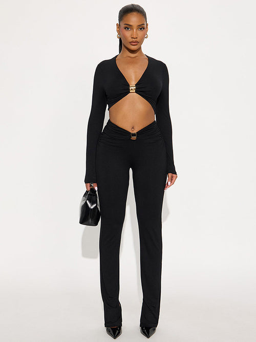 Foreign trade autumn and winter new European and beautiful women's clothing sexy V-neck crop navel long-sleeved top high-waisted skinny trousers two-piece set for women