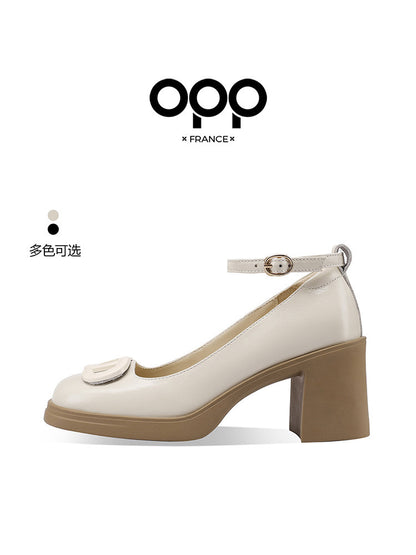 OPP pumps single shoes women's 2025 new autumn thick heels are not tired of feet, mom high heels, French small leather shoes women