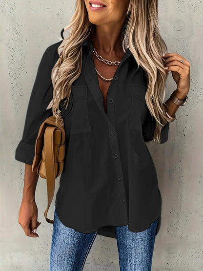 New 2024 European and American Women's Cross-border Western All-Season Versatile Pocket Loose Long Sleeve Lapel Plus Size Shirt