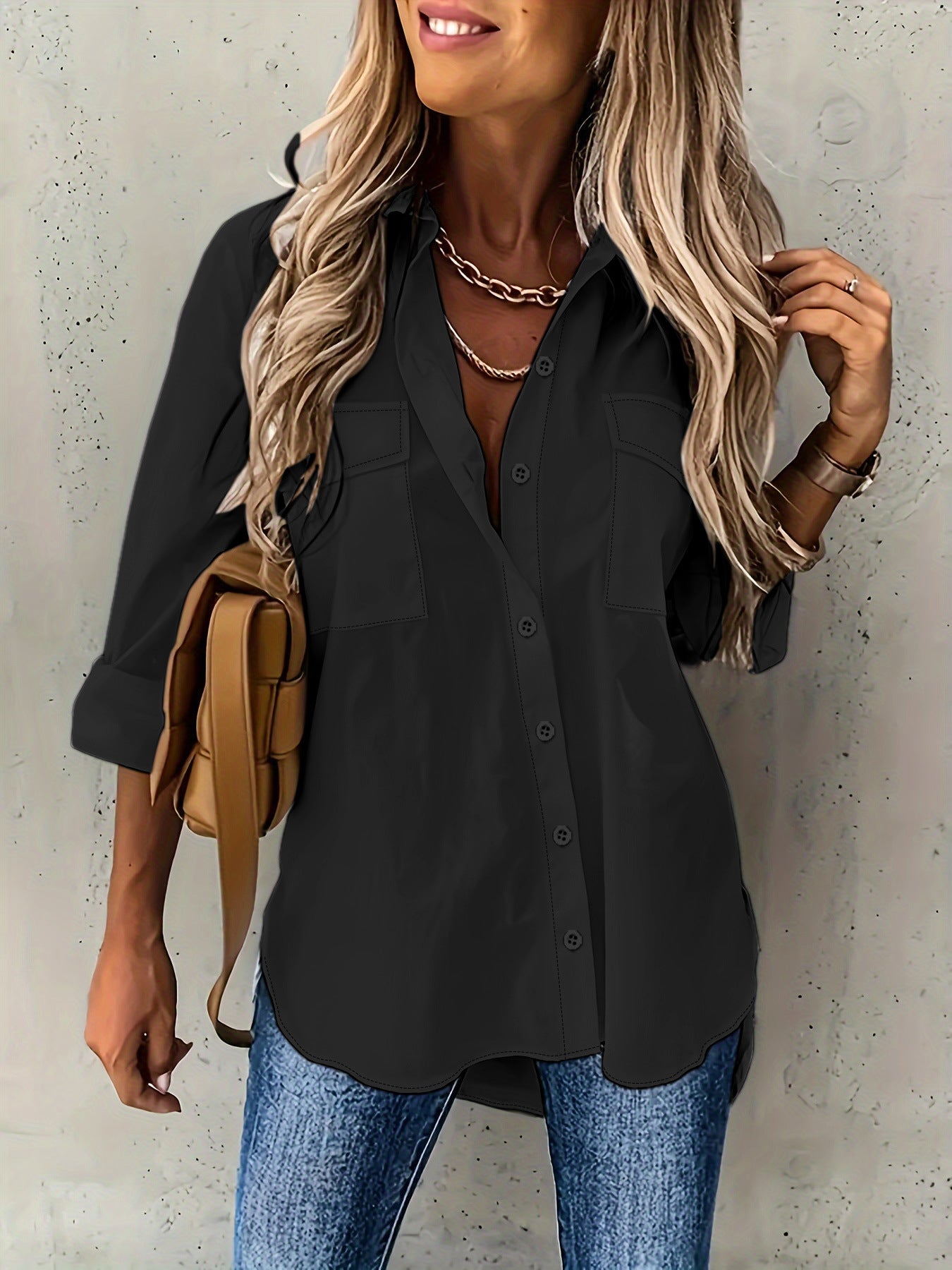 New 2024 European and American Women's Cross-border Western All-Season Versatile Pocket Loose Long Sleeve Lapel Plus Size Shirt