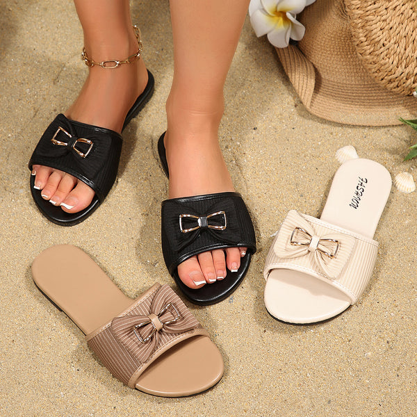 European and American cross-border women's shoes, export fashion slippers, classic elegance, versatile solid color metallic decorative round-toe flat sandals