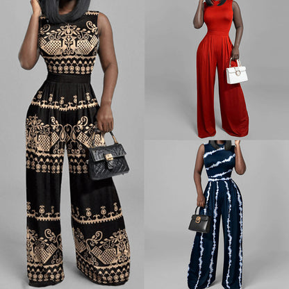 Cross-border European and American clothing spring 2026 new fashion hot sale casual trousers slim print sleeveless jumpsuit