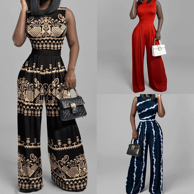 Cross-border European and American clothing spring 2026 new fashion hot sale casual trousers slim print sleeveless jumpsuit