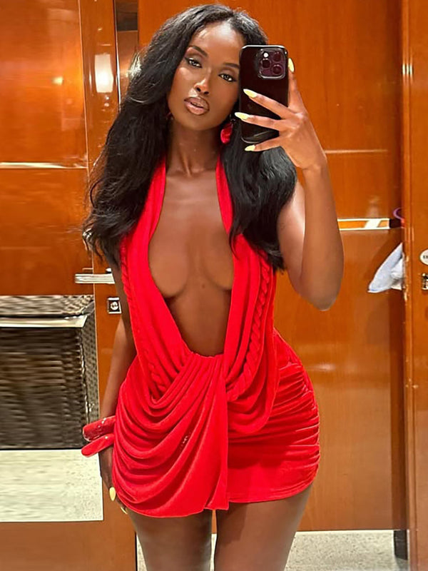 Cross-border European and American style women's clothing new fashion solid color sexy deep V-neck halterneck open back short hip-hugging dress for women | Ciaura
