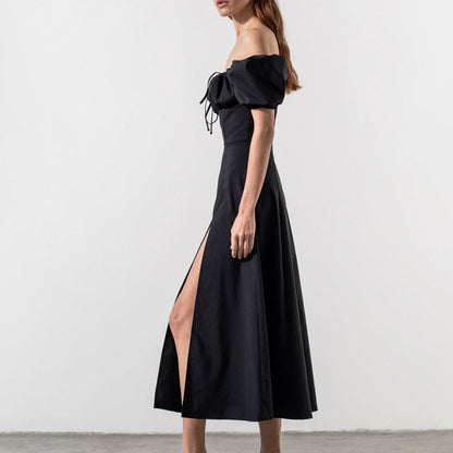 Spring 2026 European and American resort style French dress women's temperament sexy one-shoulder strap slit long skirt