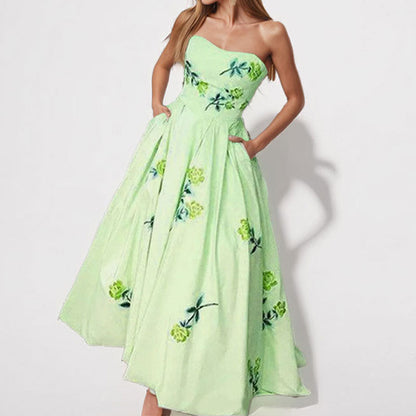 2026 spring new Amazon European and beautiful women's clothing temperament elegant big swing dress printed bandeau high-waisted dress